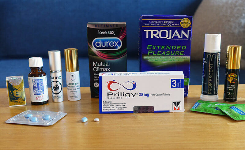 photo of six different delay sprays, priligy, viagra and numbing condoms