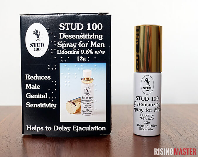 photo of a bottle of stud 100 desensitizing spray and the box it comes in